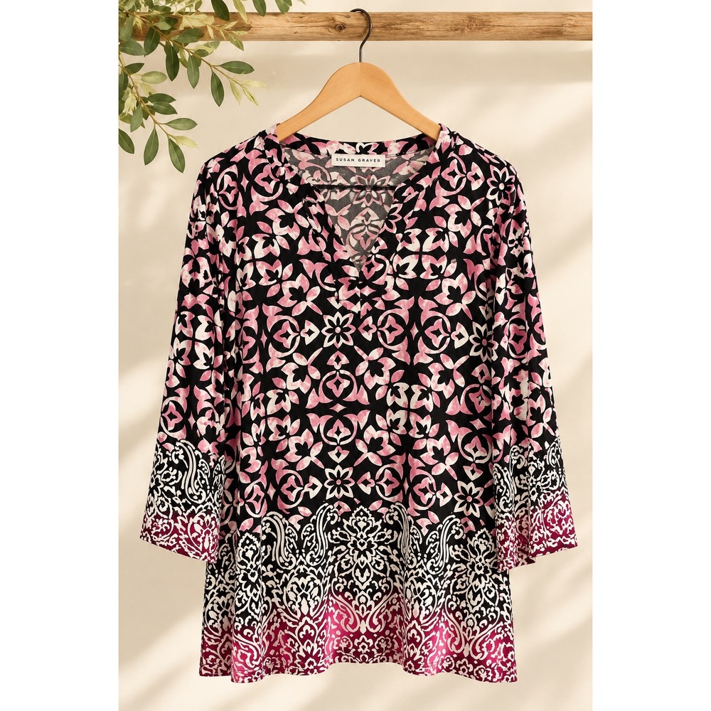 Susan Graver XL Pink Black Geometric Paisley Border Print Split V-Neck Tunic Top